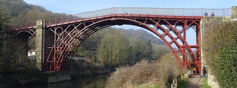 The east side of the Iron Bridge, Shropshire in February 2019 showing the dark red paint added in the 2018 restoration.